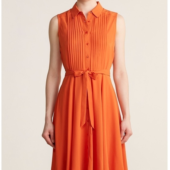 NANETTE LEPORE Fire Starter Orange Pintucked Sleeveless Shirtdress Size 6 - Picture 3 of 14